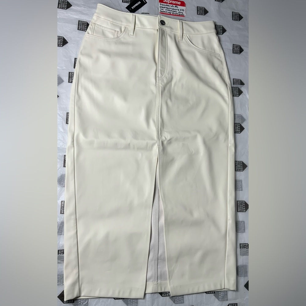 EXPRESS Faux Leather Front Slit High-Waisted Midi Skirt -Ivory- Size 6 NWT